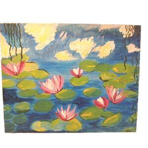 Oil Painting Water Lillies Pond 19x16 Monet Inspired Art Deco Modern Colorful